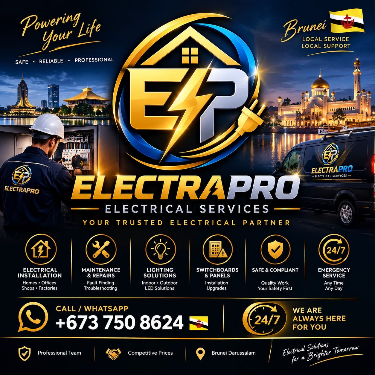ElectraPro Electrical Services promotional artwork with electrical installations and Brunei landmarks